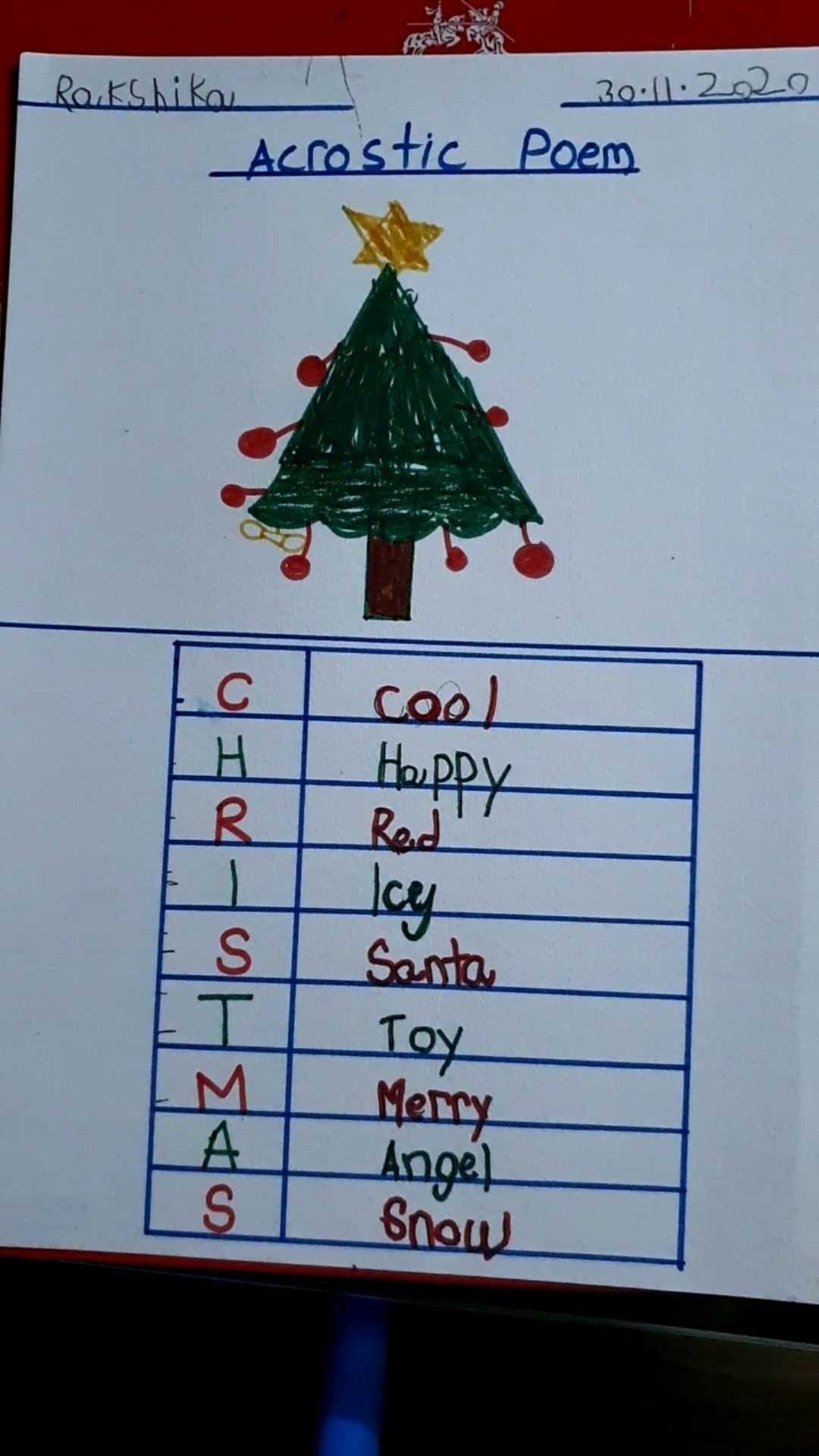 Acrostic poetry by our Kindergarten children on Christmas